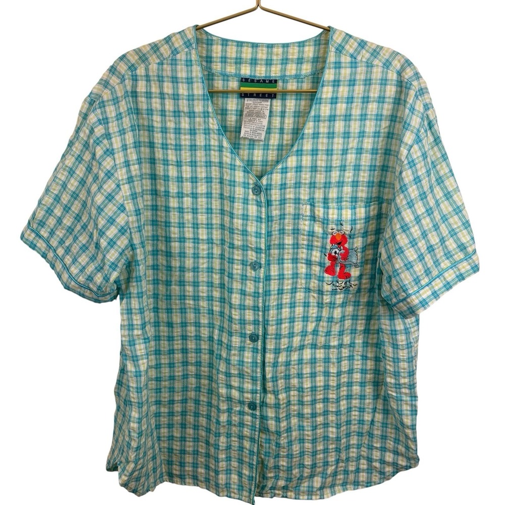 VIntage Sesame Street Embroidered Elmo Women's Large Plaid Pajama Top